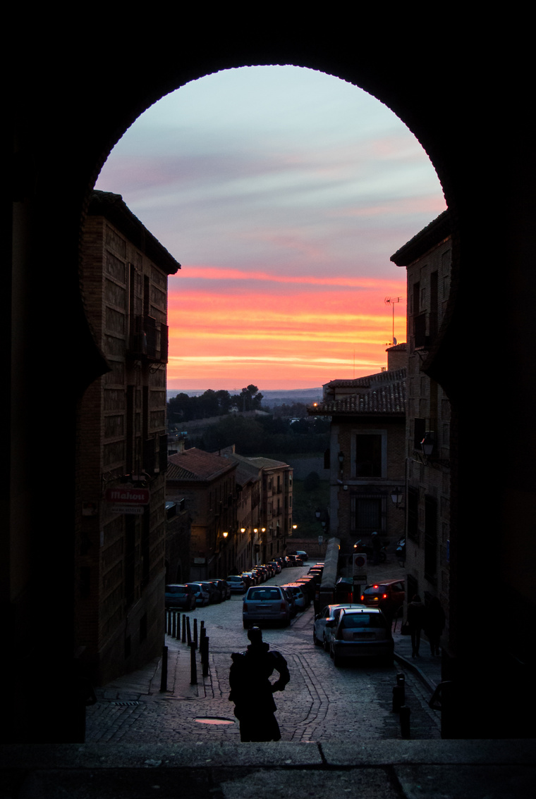 Early morning and sunrise, a view from an archway at square Plaza de Zocodover, Toledo, Castilla La Mancha, Spain.